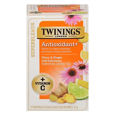 Twinings Supermélanges Antioxydant+ Thé Vert avec Vitamine C et Échinacée, 18 Sachets de Thé