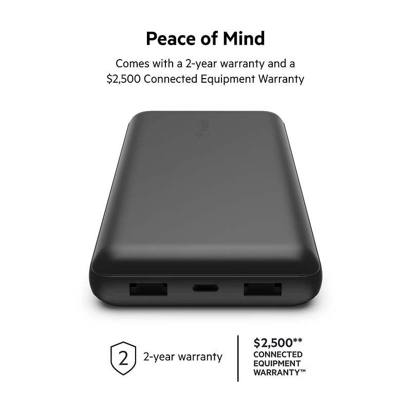 Belkin Chargeur portable USB-C, 20 000 mAh avec 1 port USB-C et 2 ports USB-A pour une charge jusqu’à 15W pour iPhone 14 Pro, 14 Pro Max, AirPods, iPad, Galaxy S23, S23+, Ultra - Noir