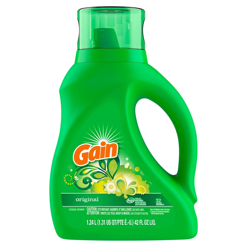 Gain Liquid Laundry Detergent, Original Scent, 1.24 L, 32 loads, Freshness + Odour Fighting, High efficiency washing machine iquid cleaning soap