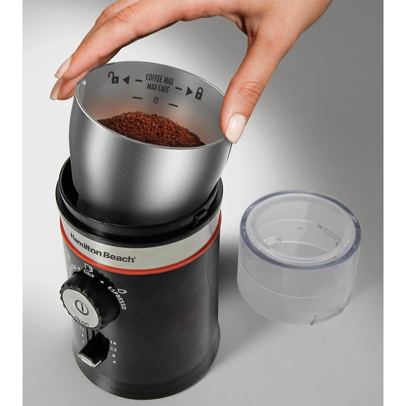 Hamilton Beach Moulin à café Custom Grind, 150 watts, bol de mouture amovible en acier inoxydable, noir, 80393RC