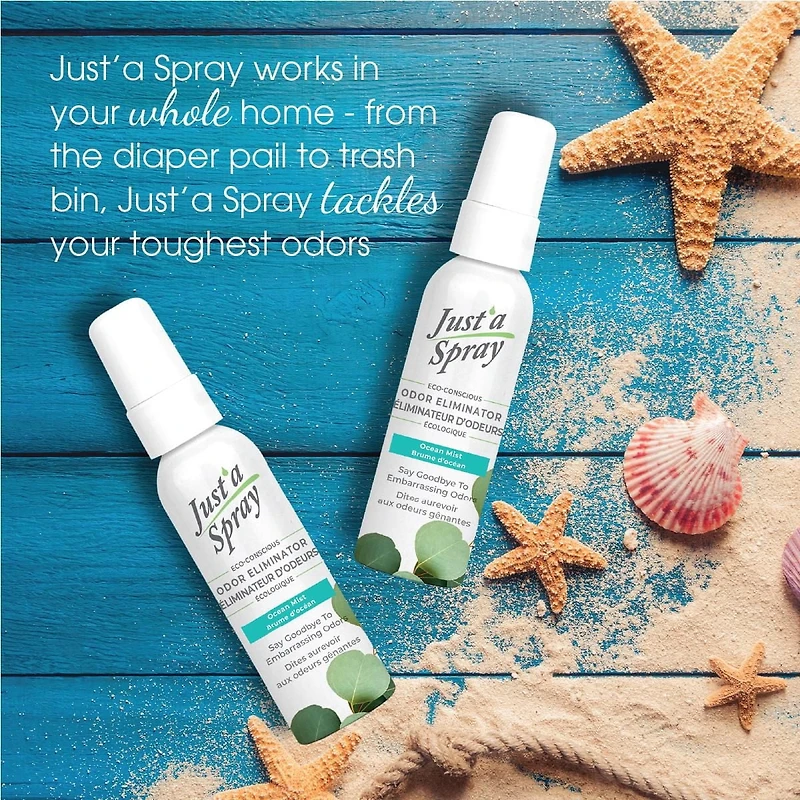 Éliminateur d'odeurs de toilettes Just'a Spray, Brume d'océan, 55 ml, Vaporisateur avant utilisation de la cuvette, Jusqu'à 100 utilisations