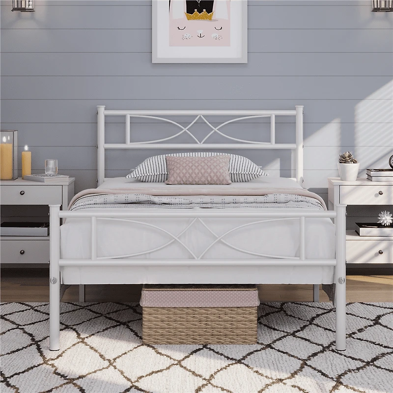 Fullfurnique Simple Metal Platform Bed with Curved Design for Adult, Twin, White