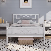 Fullfurnique Simple Metal Platform Bed with Curved Design for Adult, Twin, White