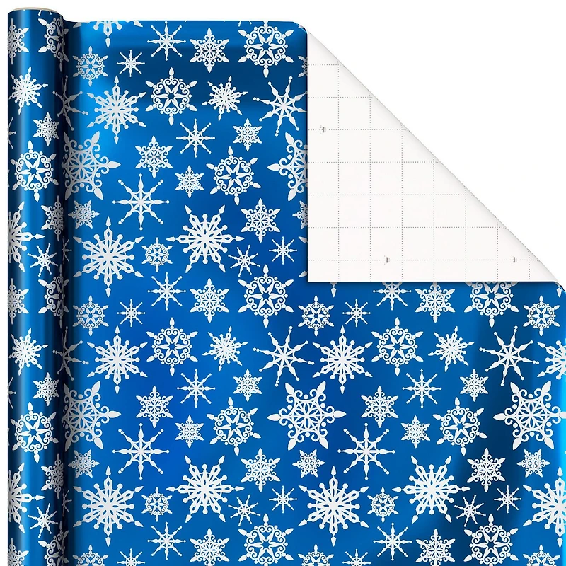 Hallmark Blue Foil Christmas Wrapping Paper with Cut Lines on Reverse (3 Rolls: 60 sq. ft. ttl) Snowmen, Snowflakes, Christmas Trees