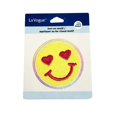 LA VOGUE Smiley Face Embroidered Iron-On Patch, 1 Piece - ~11.43 × 8.89 cm (4.5 × 3.5 in)