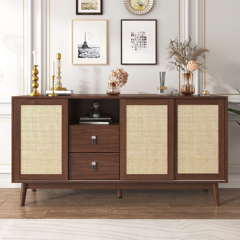 Noble House 61" Sideboard with Real Rattan Sliding Doors & 2 Drawers, Breathable Sturdy Storage Cabinet,Walnut Wood