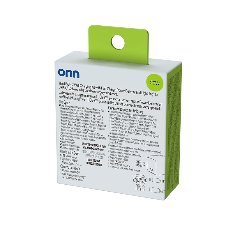 onn 20W Single USB-C Port Wall Charger with 3ft Lighting to C Cable, Fast Charging, MFI & USB-IF Certified, Foldable Plug, White