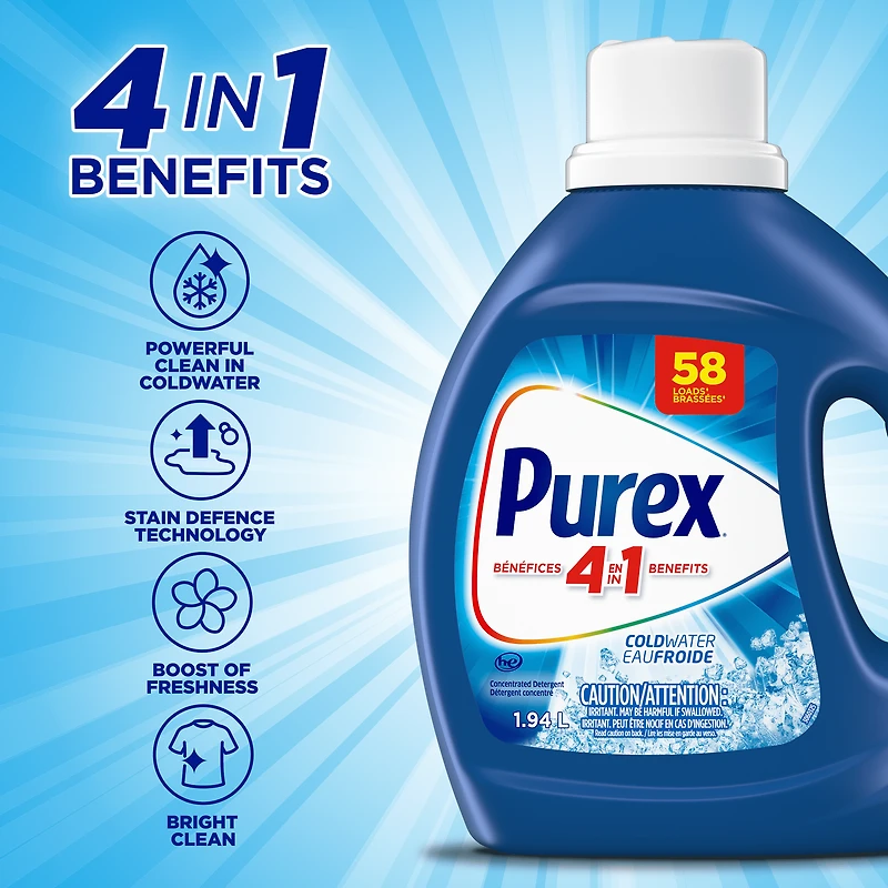 Purex Cold Water, Concentrated Liquid Laundry Detergent with 4in1 benefits, Tough on Stains, Brightens and Whitens Clothes, 1.94, 58 Wash Loads, HE Compatible, 1 bottle