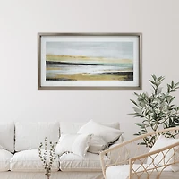 Art paysager abstrait encadré en ton argenté de 18 x 40 pouces avec accents dorés
