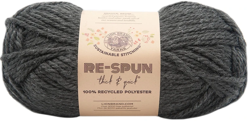 Lion Brand Re-Spun Thick & Quick® Yarn Raven #6 Super Bulky Recycled Polyester Yarn, 340g/ 204m-1CT