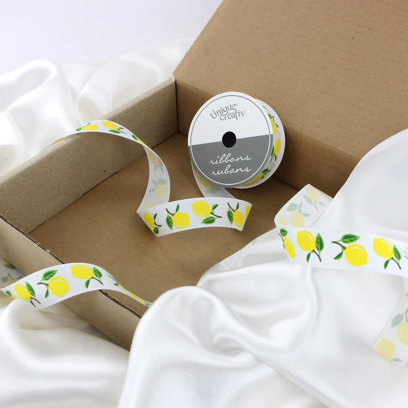 UNIQUE CREATIV, Ribbon, Printed Grosgrain, Lemon, 20mm x 5.4m (0.78" x 18ft)