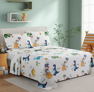 Literie Marina Décoration pour enfants, garçons et tout-petits, imprimée, 600 fils au pouce carré, douce, en mélange de coton percale, toutes saisons, motif dinosaure, zoo, dinosaure
