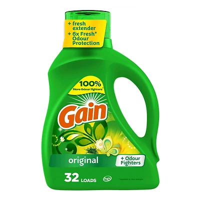 Détergent à lessive liquide Gain, parfum Original, 1,24 L, 32 brassées, fraîcheur + élimination des odeurs, savon nettoyant liquide haute efficacité pour laveuse