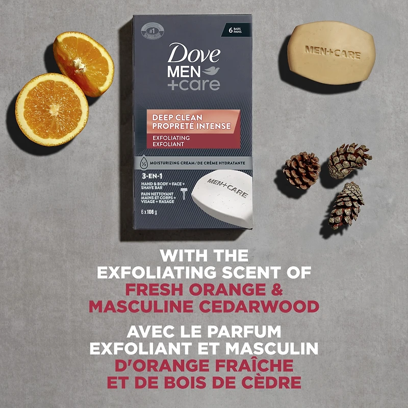 Dove Pain 3-en-1 Mains et Corps + Visage + Rasage Propreté Intense Exfoliant, 106 g (6 pains)