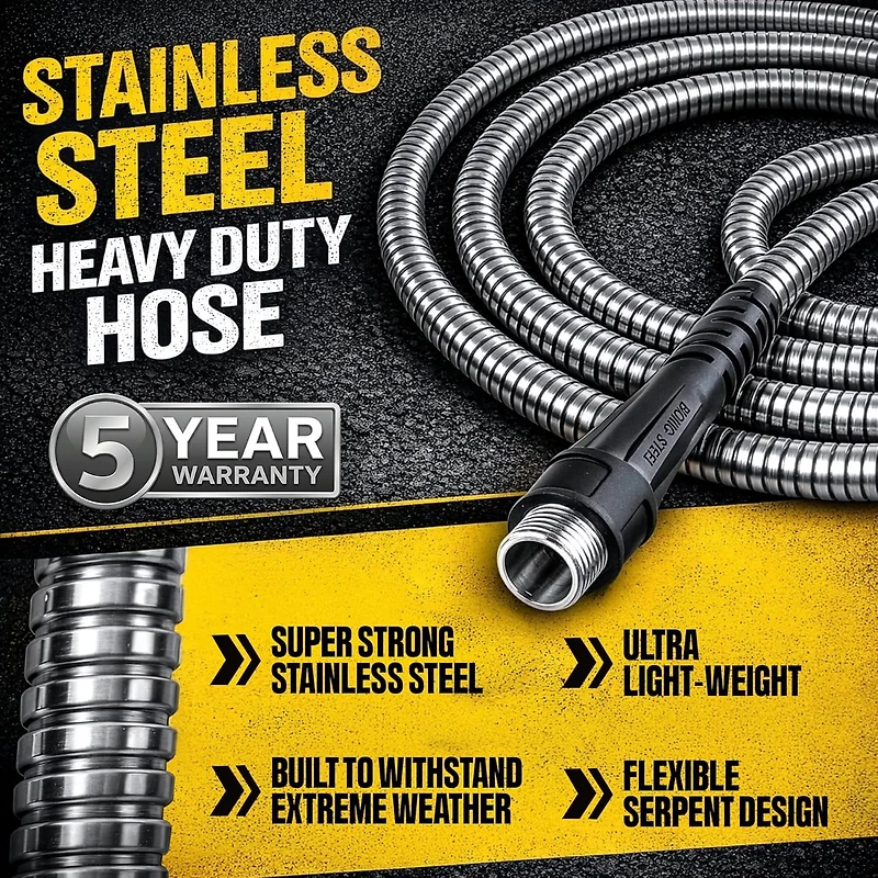 Bionic Steel Tuyau D’arrosage 50 pieds 5/8 Po 500 PSI Sans Pli En Acier Inoxydable Rangement Enroulé Facile