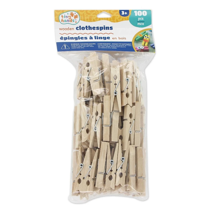 TINY HANDS Wooden Clothespins, 100 pcs - 47.6 × 6.35 × 9.5 mm (0.37 in), Age 3+, 4.8 cm (1.88 in), 100pcs