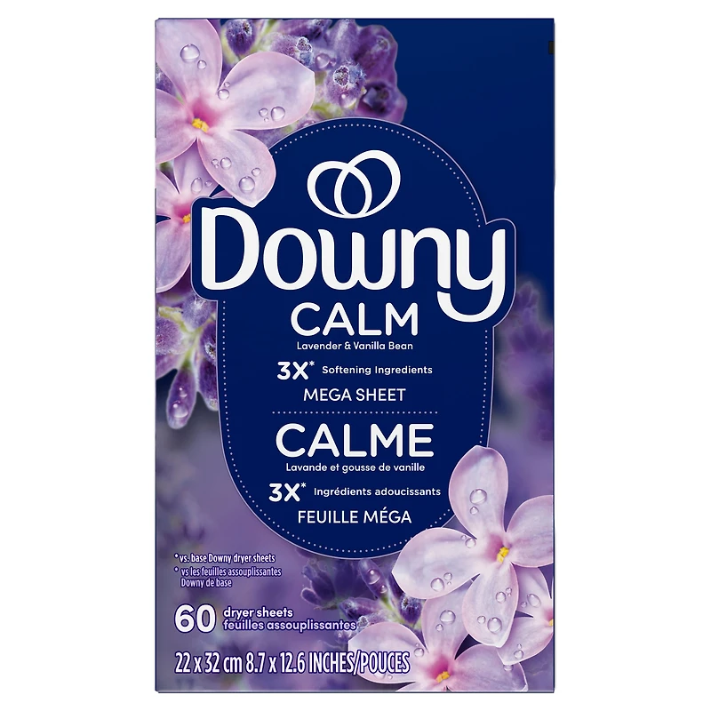 Downy CALM, Mega Dryer Sheets, Laundry Fabric Softener, Lavender and Vanilla Bean 120CT