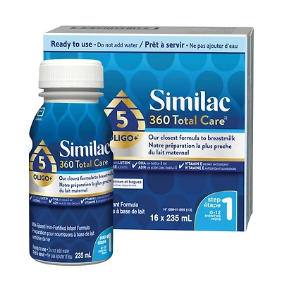 Similac 360 Total Care Step 1, Lait Maternisé, Préparation pour Nourrissons, Mélange de 5 oligosaccharides, 16x235mL Bouteilles Prêtes à Servir