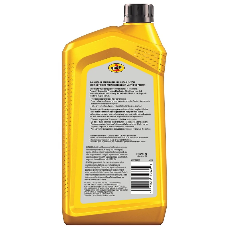 Pennzoil Snowmobile Premium Plus 2-Cycle Engine Oil, 0.946 Litre