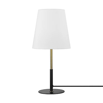 16" Matte Black Table Lamp with Brass Accents and White Linen Shade<br>