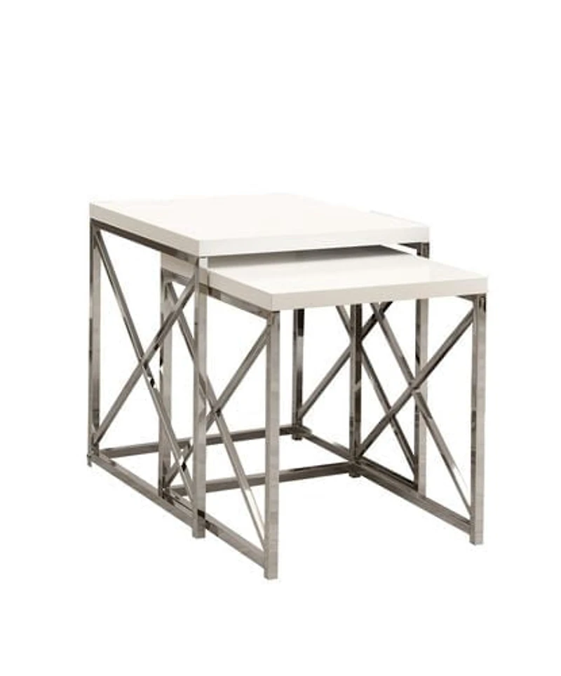 Monarch Specialties Nesting Table, Set Of 2, Side, End, Metal, Accent, Living Room, Bedroom, Metal, Laminate, Glossy White, Chrome, Contemporary, Modern