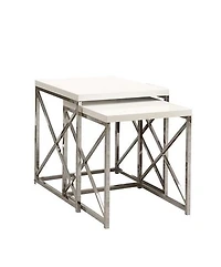 Monarch Specialties Nesting Table, Set Of 2, Side, End, Metal, Accent, Living Room, Bedroom, Metal, Laminate, Glossy White, Chrome, Contemporary, Modern