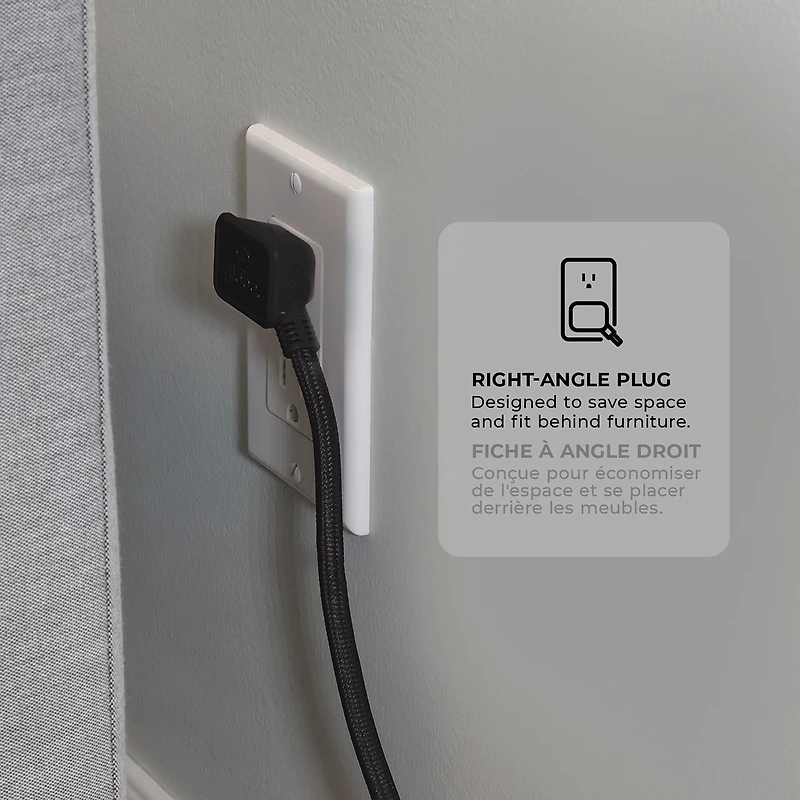 Globe Electric 12 ft. 3-Outlet 16/3 Black Fabric Extension Cord with Right-Angle Plug and Integrated Hanging Hook