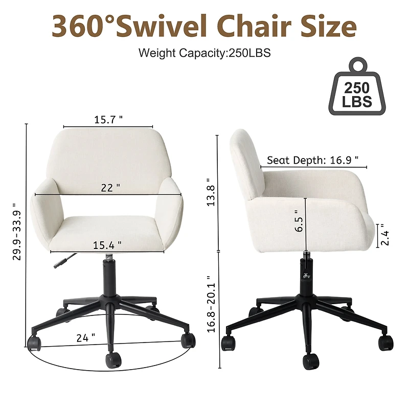Chaise de bureau pivotante Homy Casa, chaise de bureau ergonomique réglable, tissu chenille beige