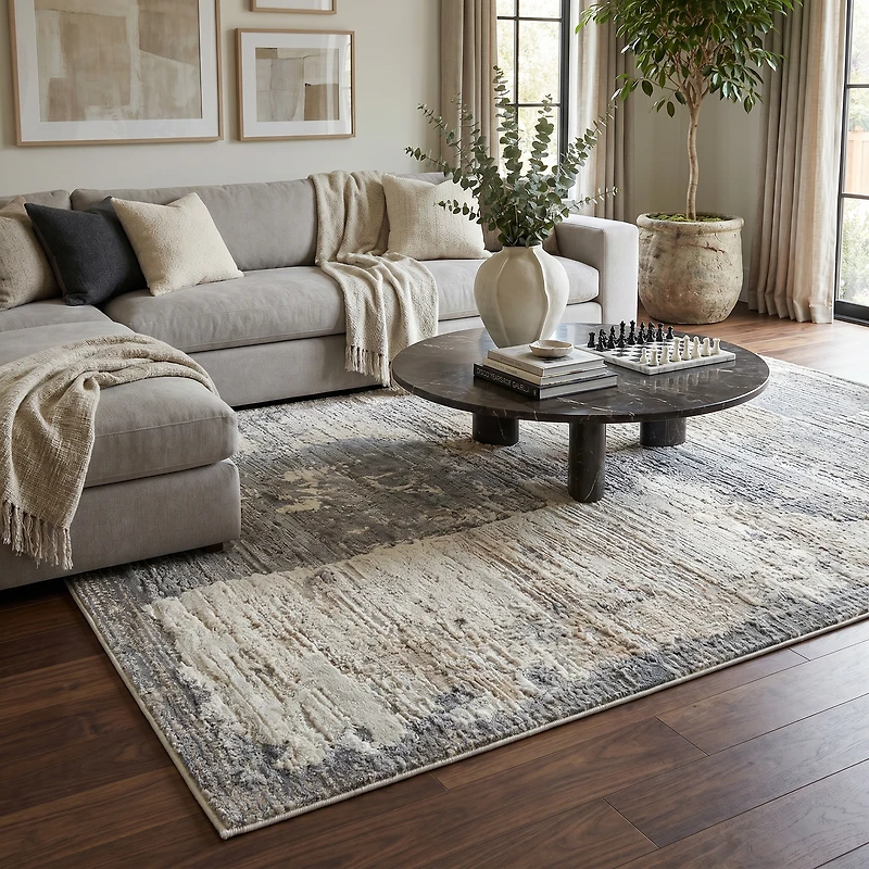 Tapis d'interieur abstrait Rug Branch Nomad, gris creme, moderne - Salon, chambre, salle a manger et cuisine