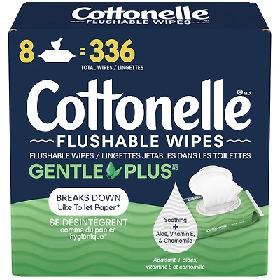 Cottonelle Gentle Plus Lingettes Humides Jetables dans les Toilettes, 8 Paquets à Couvercle Rabattable, 336 Lingettes