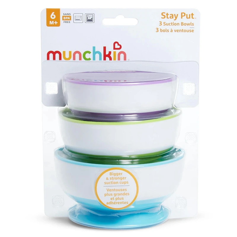 Bol à ventouse Munchkin Stay Put, comprend une base d'aspiration solide et des languettes à dégagement rapide, passe au micro-ondes et sans BPA, paquet de 3