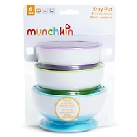 Bol à ventouse Munchkin Stay Put, comprend une base d'aspiration solide et des languettes à dégagement rapide, passe au micro-ondes et sans BPA, paquet de 3