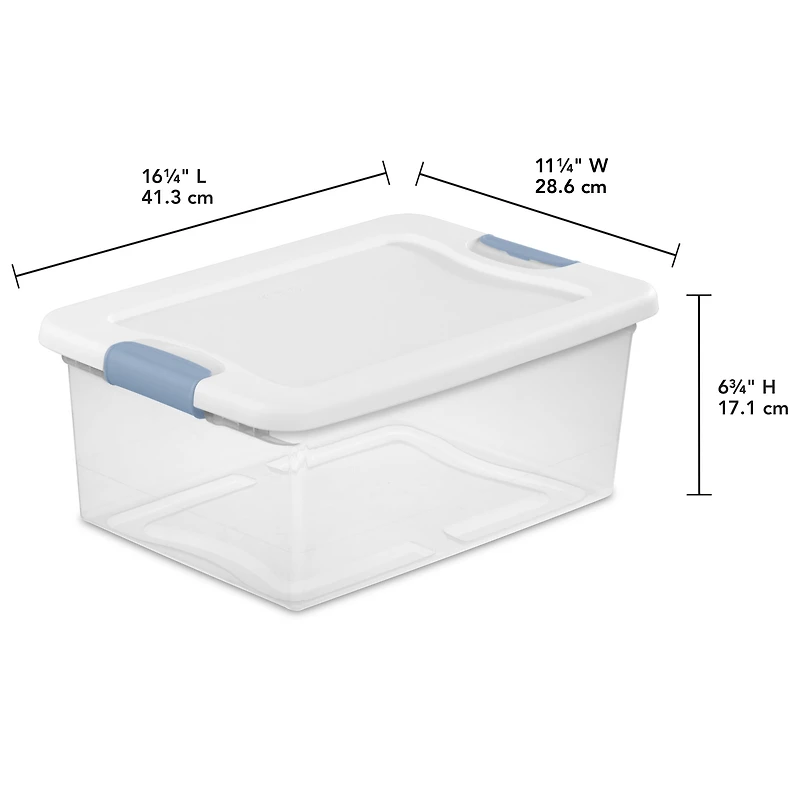 Sterilite 14 L Latching Box, Small Clear Plastic Storage Bin with Lid and Light Blue Latch, 12 Pk