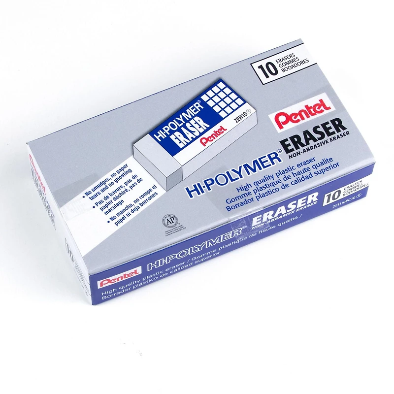 Pentel Hi-Polymer, High Quality Rubber Large White Block Eraser Box of 10