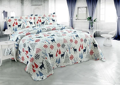 Marina Decoration Rich Printed Embossed Pinsonic Coverlet Bedspread Ultra Soft Bedding Summer Christmas Quilt Set with Shams, Xmas Reindeer and Tree Pattern