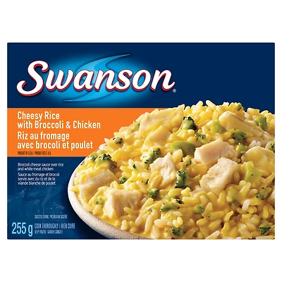 Swanson Cheesy Rice with Broccoli & Chicken Frozen Dinner, Broccoli Cheese Sauce Over Rice and White Meat Chicken, Swanson Cheesy Rice with Broccoli & Chicken, 255g