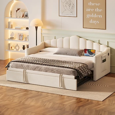 Noble House Lit de Jour Rembourré Simple, Lit Gigogne Ajustable avec Ports USB/Type-C et Poches Latérales,Beige