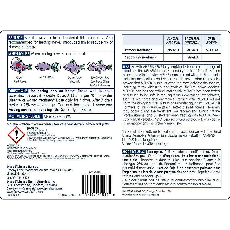 API Melafix Solution Liquide pour Aquariums d'Eau Douce et d'Eau de Mer, Flacon de 237 ml
