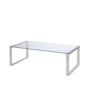 Table basse Gen, pieds luge en acier inoxydable poli brillant et plateau en verre trempé.<br>Dimensions : Grand : 16" H x 39" L x 18" P