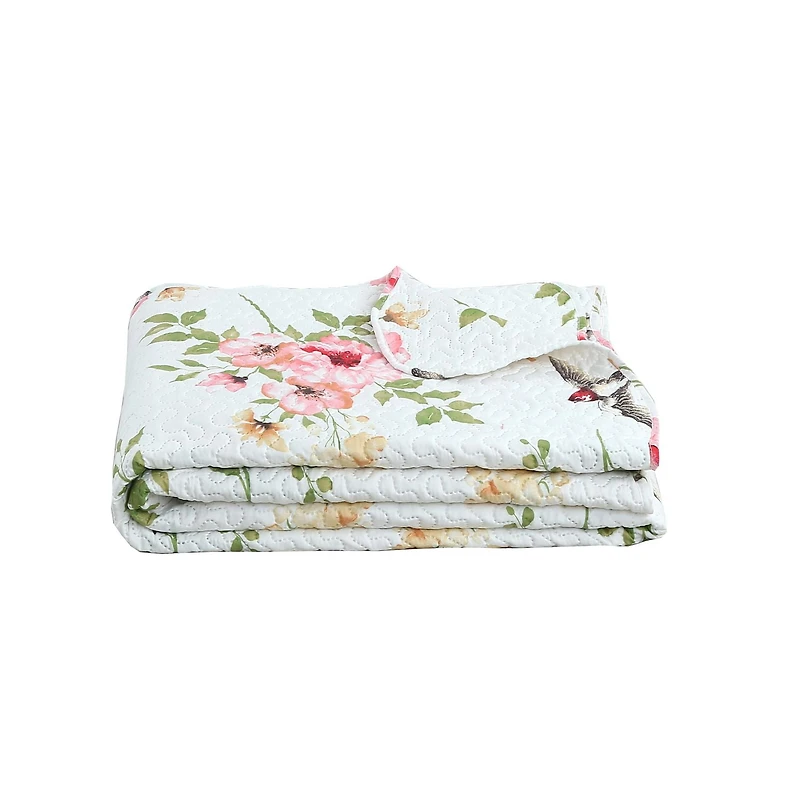 Marina Decoration Rich Printed Embossed Pinsonic Coverlet Bedspread Ultra Soft Bedding Summer Quilt Set with Shams, Pink Floral and Birds Pattern