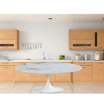OVAL MARBLE DINING 67'' . Elegant Oval Dining Table with Marble Top and Aluminum White Base<br>Dimension: 28.5”H x 79”W x 47.5”D