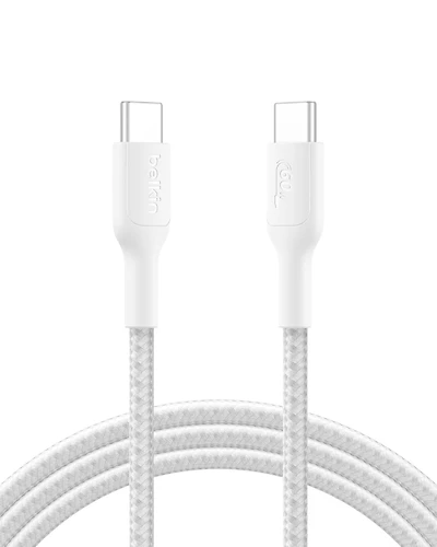 Câble tressé Belkin BoostCharge USB-C - USB-C 2M/6,6pi, 60W - Câble de charge rapide souple et flexible, câble chargeur Type C pour iPhone séries 15 et 16, Galaxy S25, MacBook, iPad Pro et plus