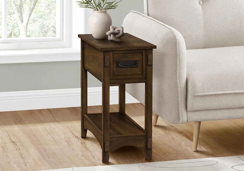 Monarch Specialties Accent Table, End, Side Table, Nightstand, 2 Tier, Narrow, Storage Drawer, Brown Veneer, Transitional