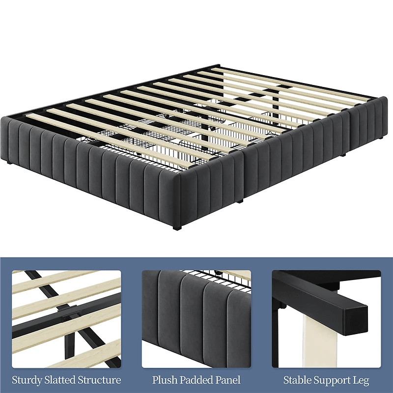 Fullfurnique Upholstered Platform Bed Frame with Three Storage Drawers, Full, Dark Gray