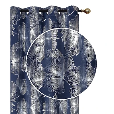 IH Casa Decor Foil Print Panel W 8 Grom Hibiscus Navy Blue 84" - Set of 2