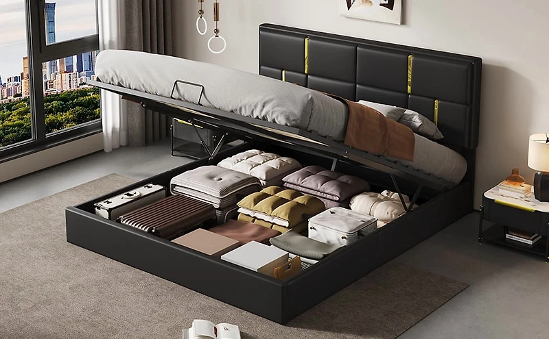 Noble house Queen Size Upholstered Platform Bed with Hydraulic Storage System,Black