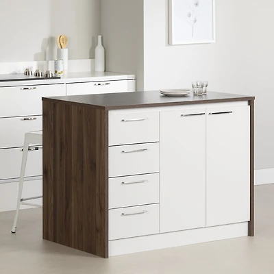 Îlot de cuisine avec rangement, fini Noyer naturel et Blanc, collection Myro de Meubles South Shore