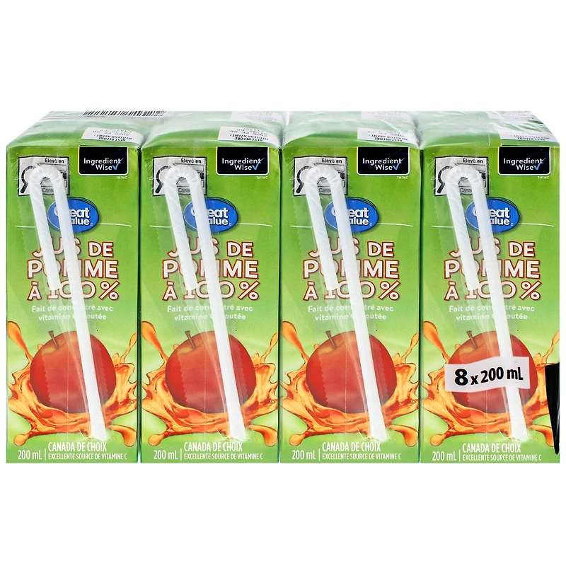 Great Value Apple Juice from Concentrate 200 ml, pack of 8