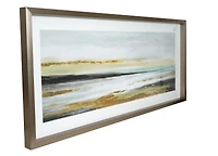 Art paysager abstrait encadré en ton argenté de 18 x 40 pouces avec accents dorés