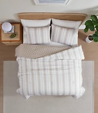 C&C California Printed Stripe Reversible Comforter Set, 100% Cotton, Breathable, All-Season Comfort , 3 piece, King, Oat